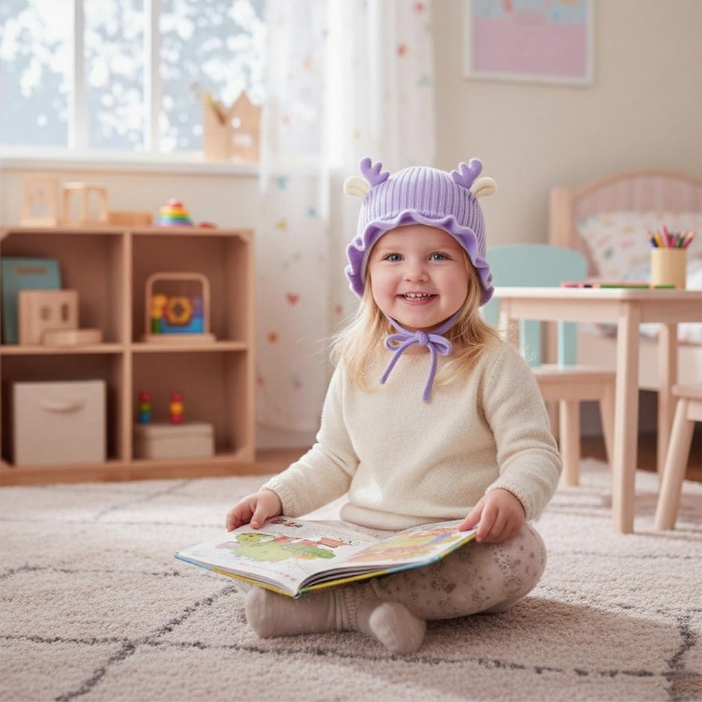 Zibuyu Knitted Baby Deer Antler Hat with Chin Strap for 3–24 Months | Soft Wool Beret