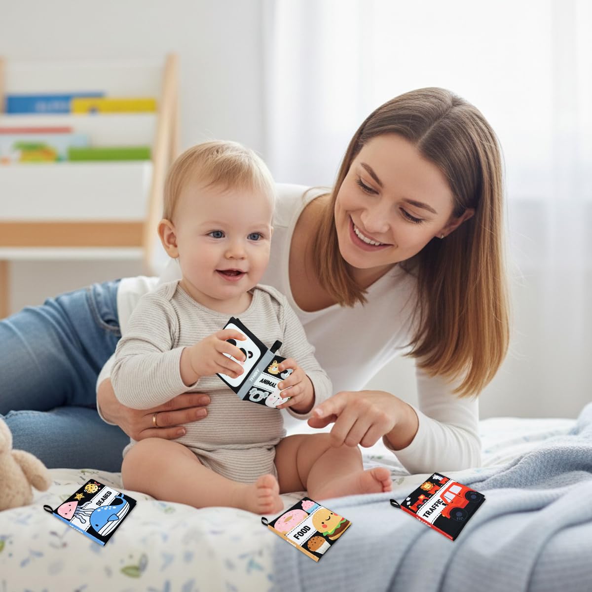 SNOWIE SOFT Cloth Books for Babies 8 pcs set with non toxic fabric and crinkle pages | sensory learning toys for toddlers