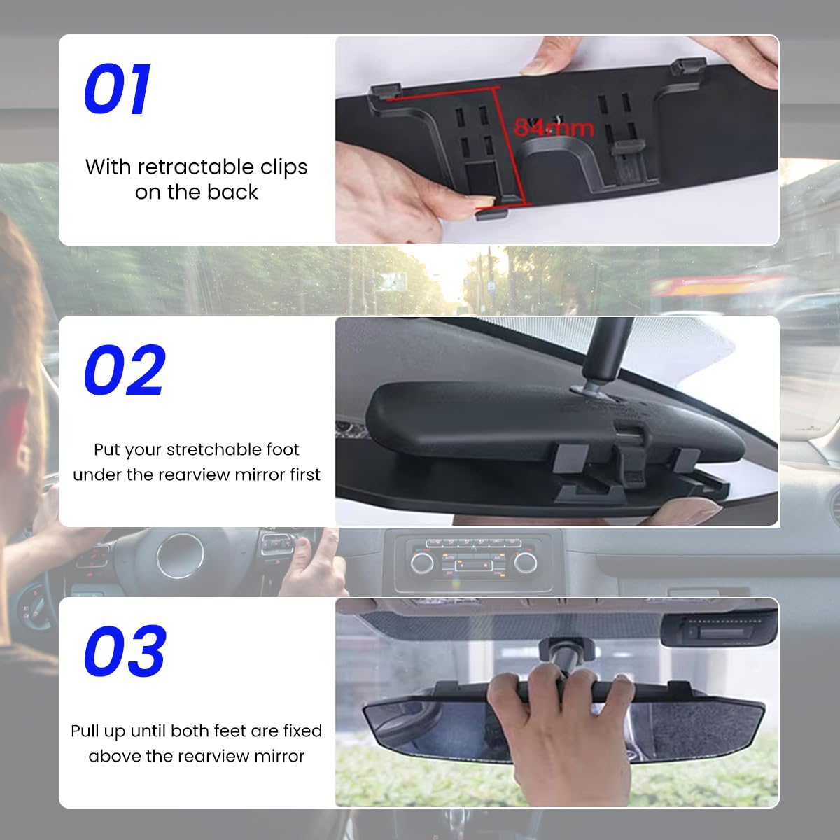 STHIRA Car Rear View Mirror for Safer Driving with HD Wide Angle View 29.9x3.2x9cm | Adjustable Clip-on Design