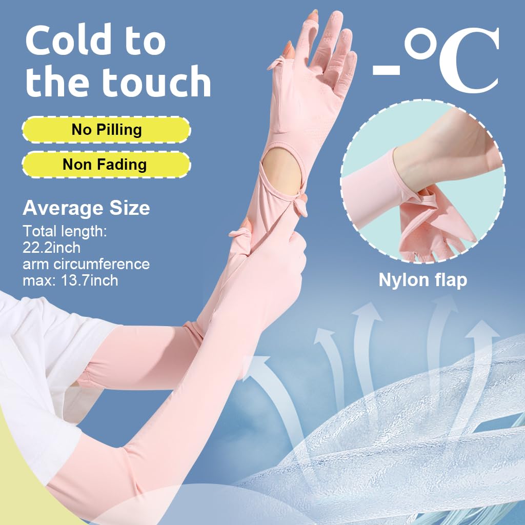 PALAY Hand Gloves for Sun Protection with Arm Sleeves featuring Cooling Nylon Ice Silk for Women | Black & Pink