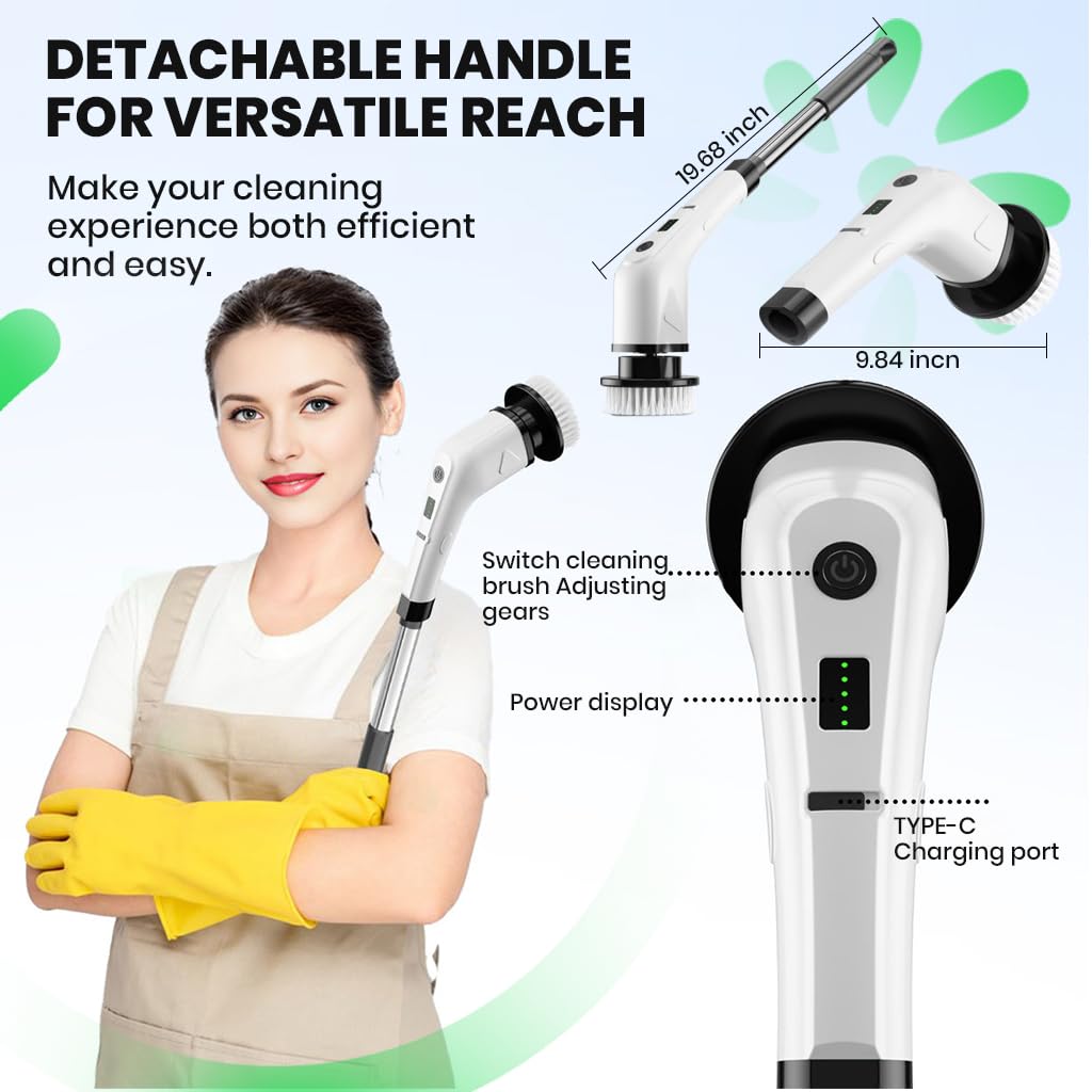 Supvox Electric Spin Scrubber for Kitchen and Bathroom Cleaning with 5 Heads & 2 Speeds featuring 2500mAh Battery | Detachable Handle