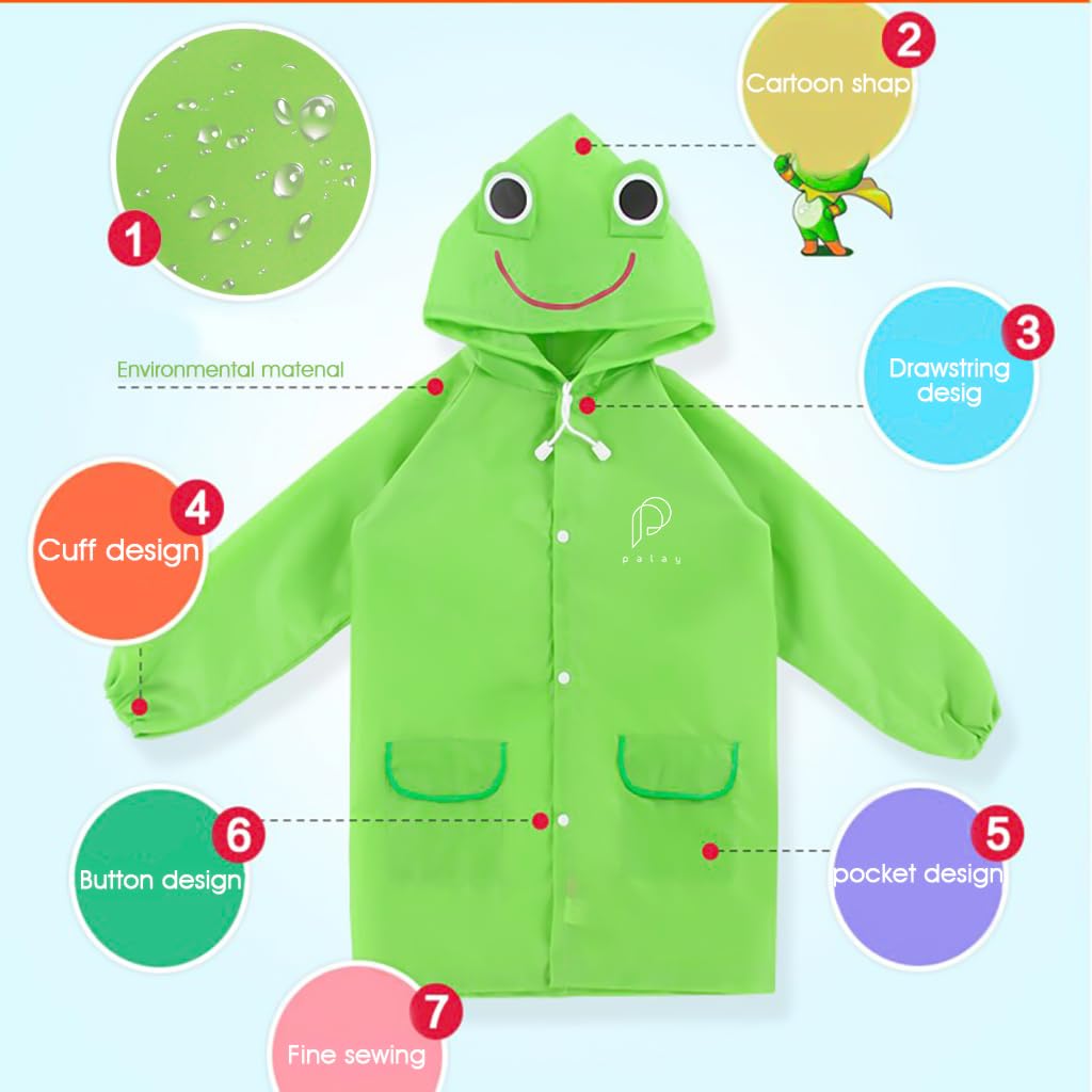 PALAY Raincoat for Kids Boys Girls with Hood, Polyester Rain Ponchos with Pockets and School Bag Coverage, Bright Color Raincoat for 3-7 Years Old Kids (green)