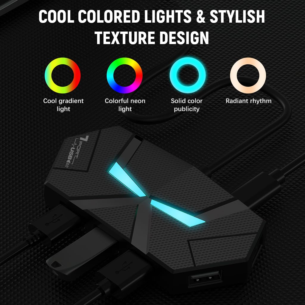 Verilux® 7 USB Ports Colourful Ambient Light USB HUB Multi-Port Adapter USB 2.0