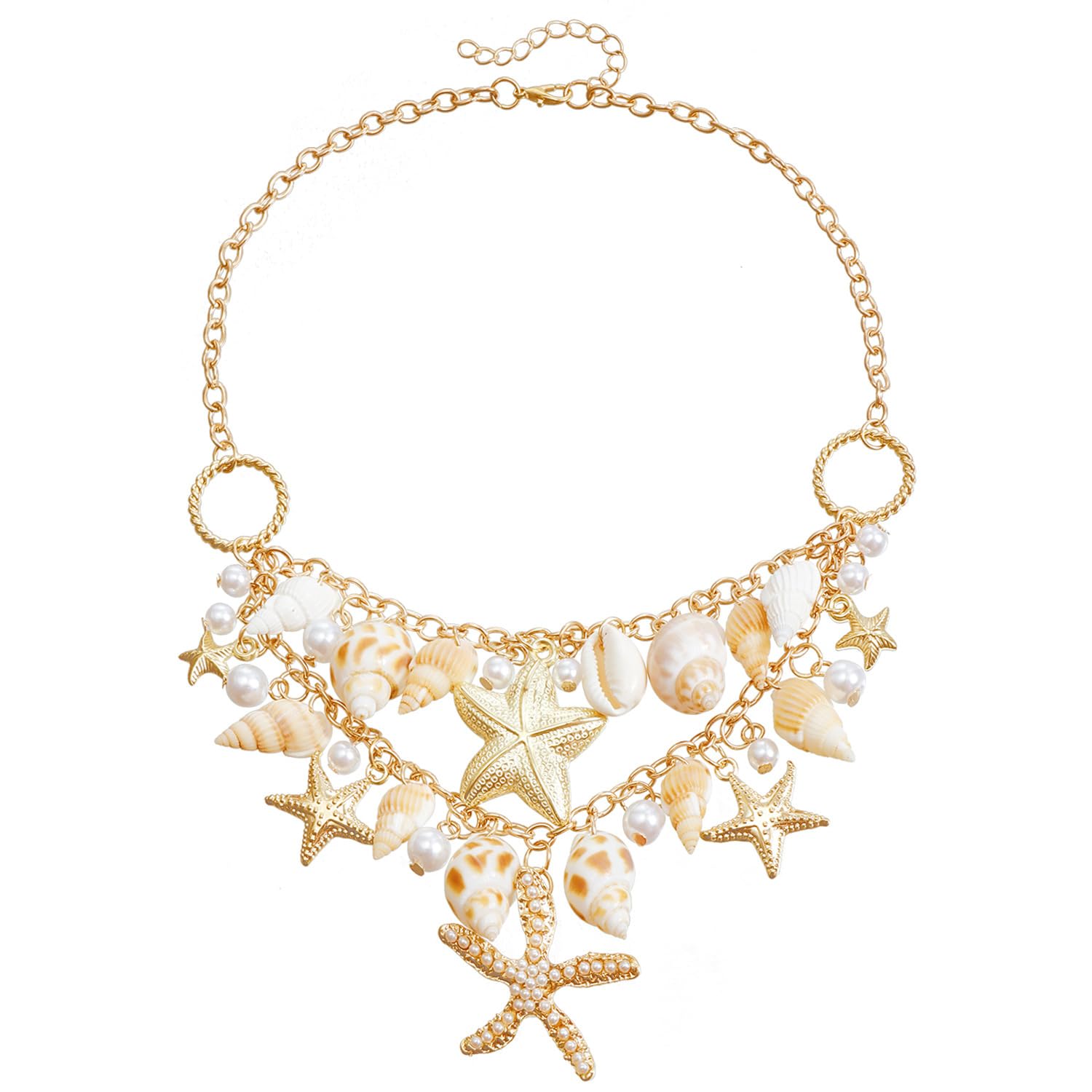 SANNIDHI Boho Necklace for Women Golden Seashell Conch Starfish Necklace Heavy Duty Metal Layered Pearl Necklace Beach Wear Bikini Fashion Necklace Adjustable Women Necklace Jewelry Gift
