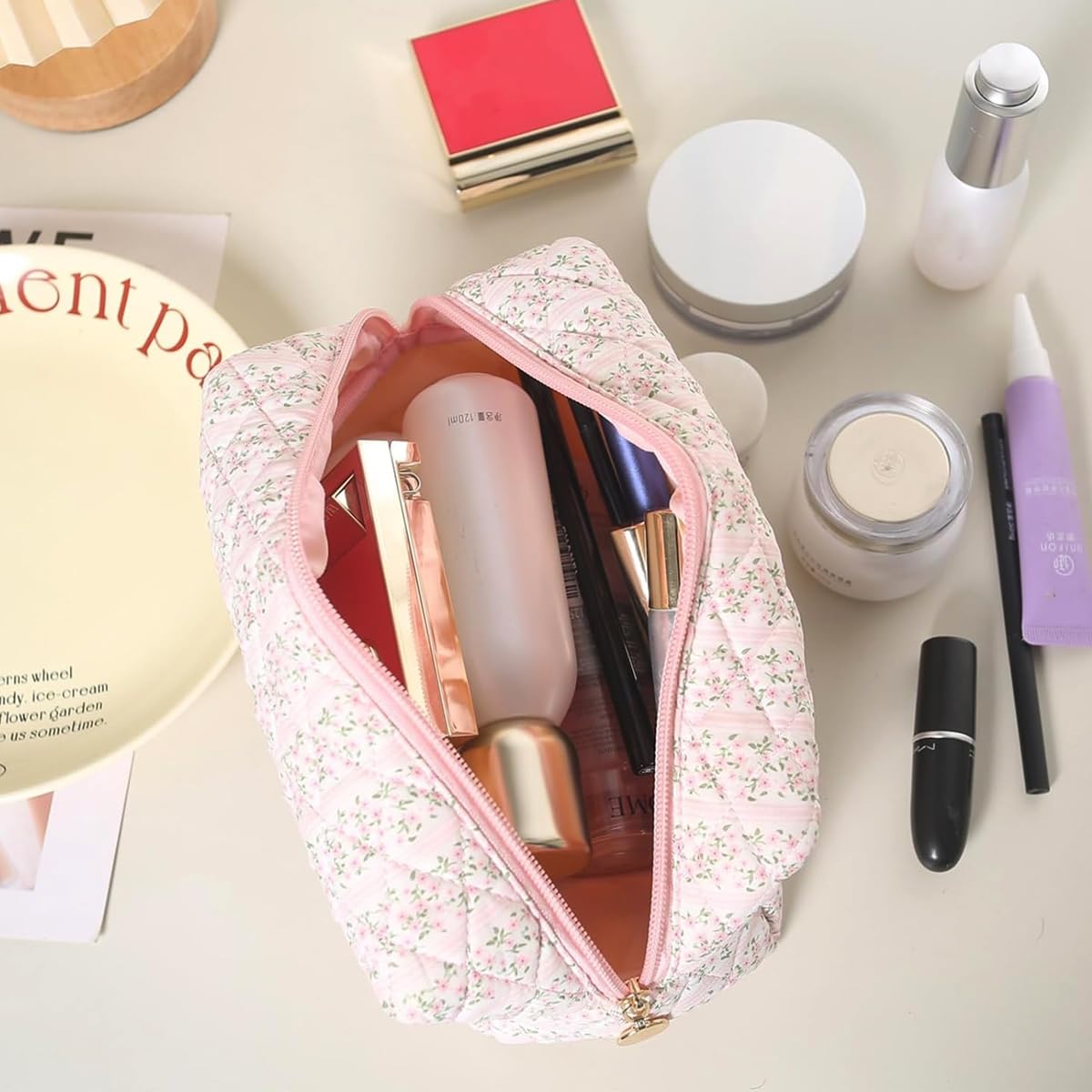 MAYCREATE Makeup Organizer Bag for Travel with Soft Cloth Zipper Design | 20.5x9x9.5cm Pink Set