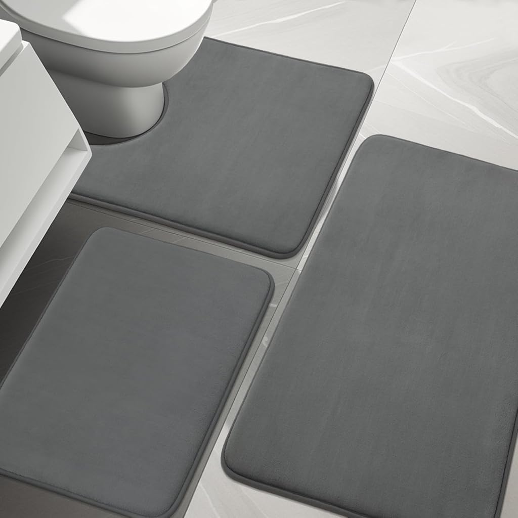HASTHIP® 3Pcs Bathroom Floor Mats Set Anti-slip Bathroom Mats with 3 Sizes, Memory Foam Bath Mats, Toilet Contour Mat, Absorbent Bathtub Mat, Kitchen Bathroom Quick-Dry Floor Mats