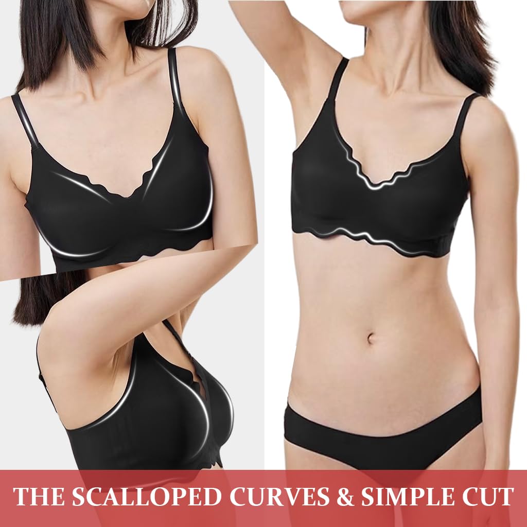 PALAY Seamless Bra for Women with V Neck Floral Edge and Removable Pads | Ice Silk Wireless Comfort