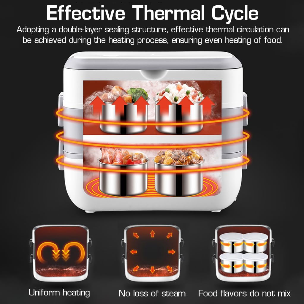 Supvox Electric Lunch Box for Home Office Travel with 4 × 500 ml Bowls and Dual Layer Heating | 304 Stainless Steel Food Warmer