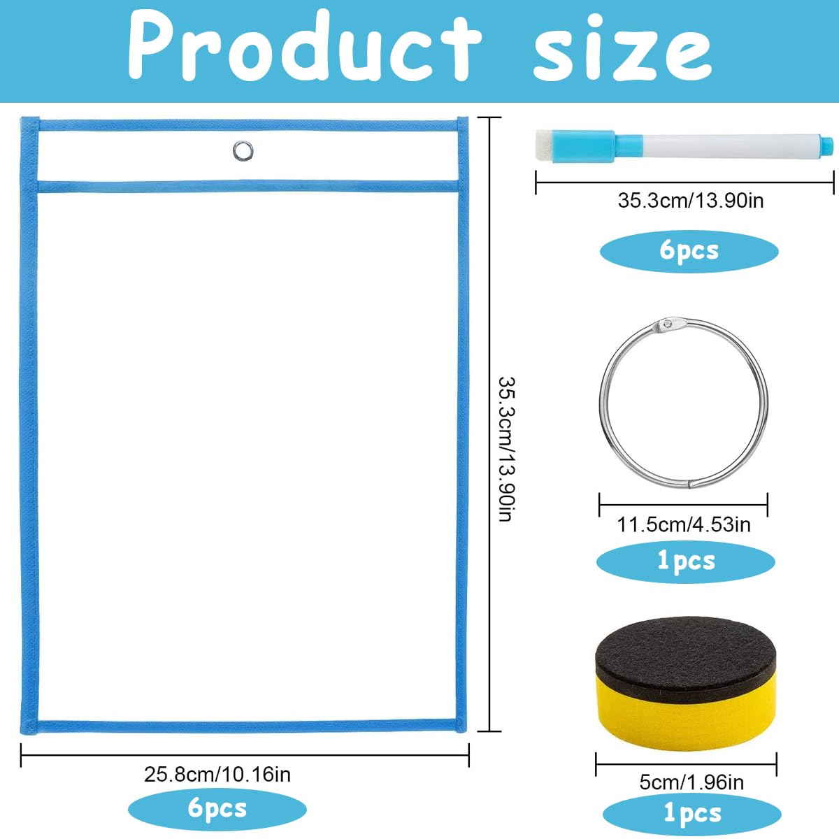 Climberty® Dry Erase Pocket Sleeves, 6 Pack 10 x 14 Inch Colorful Dry Erase Plastic Sleeves with 6 Erasable Color Pens, Reusable Clear Pocket Sleeves for Documents, Classification, Practicing Painting