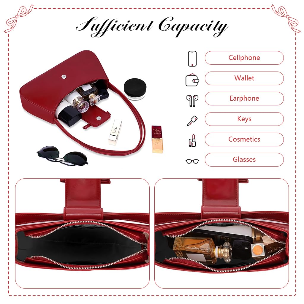 PALAY Shoulder Bag for Women with Bow Charm and Dual Closure 27x14cm Glossy Red Purse