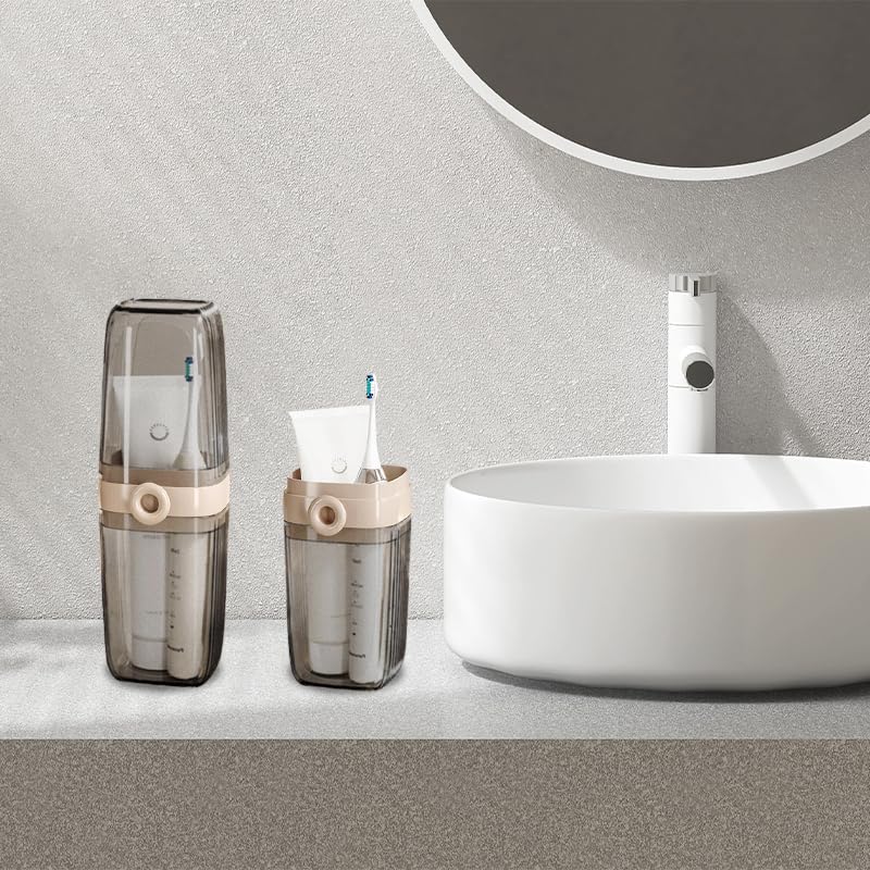 HASTHIP Toothbrush Travel Case for Trips and Camping with 2 in 1 Cup Design | Beige and Clear