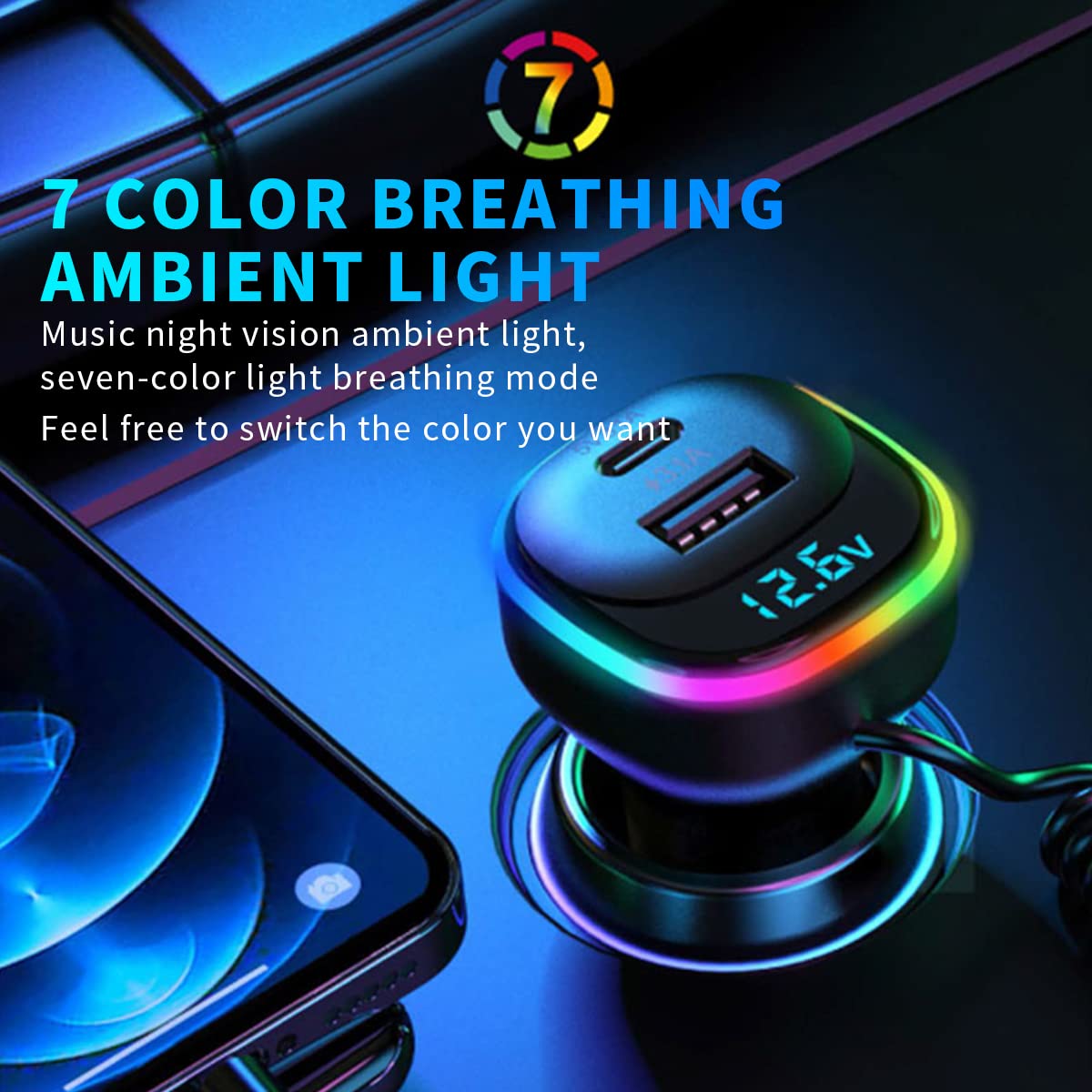 STHIRA Car Charger for 12V and 24V Vehicles with 65W PD Port and 5ft 3‑in‑1 Cable | Multi‑Device Fast Charging