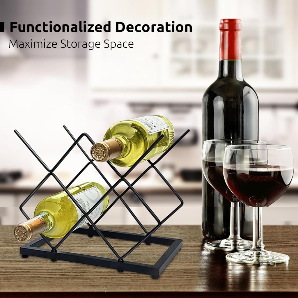 HASTHIP Small Wine Rack for Countertop 5 Bottle Storage with 6.5mm Iron Frame | Modern Black Display