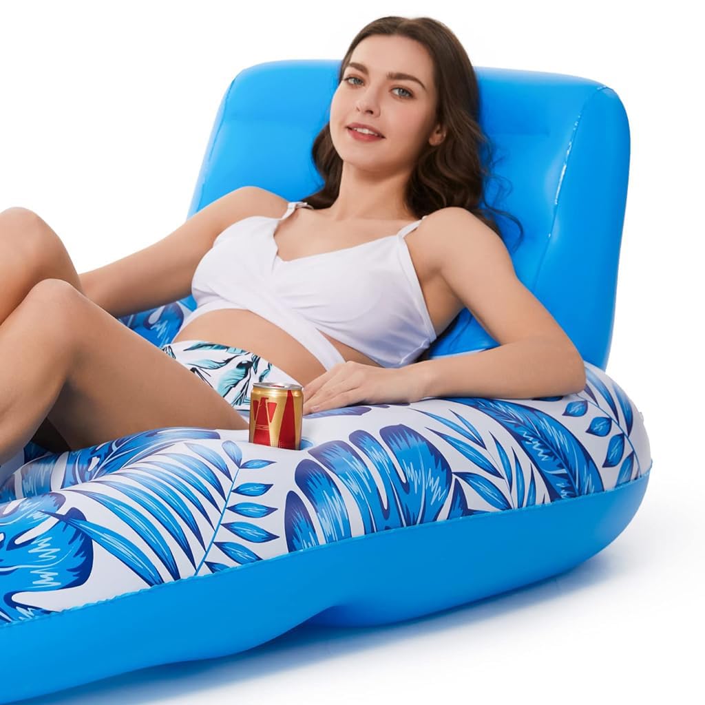 Proberos Inflatable Pool Lounger for Adults with Headrest and Cup Holder featuring PVC Frame 14x92x64cm | Foldable Pool Hammock Float