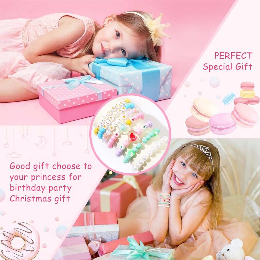 SANNIDHI Colorful Beaded Bracelets Set for Girls with Flower Heart and Rainbow Charms | 7 Pcs Elastic Acrylic Jewelry Gift for Ages 6–12