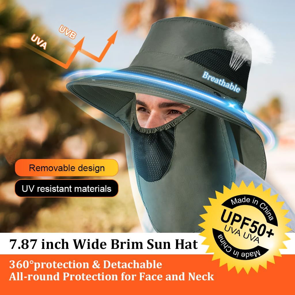 GUSTAVE Men Silicone Sun Hat for Hiking with 11 in Neck Flap and Removable Face Cover Green
