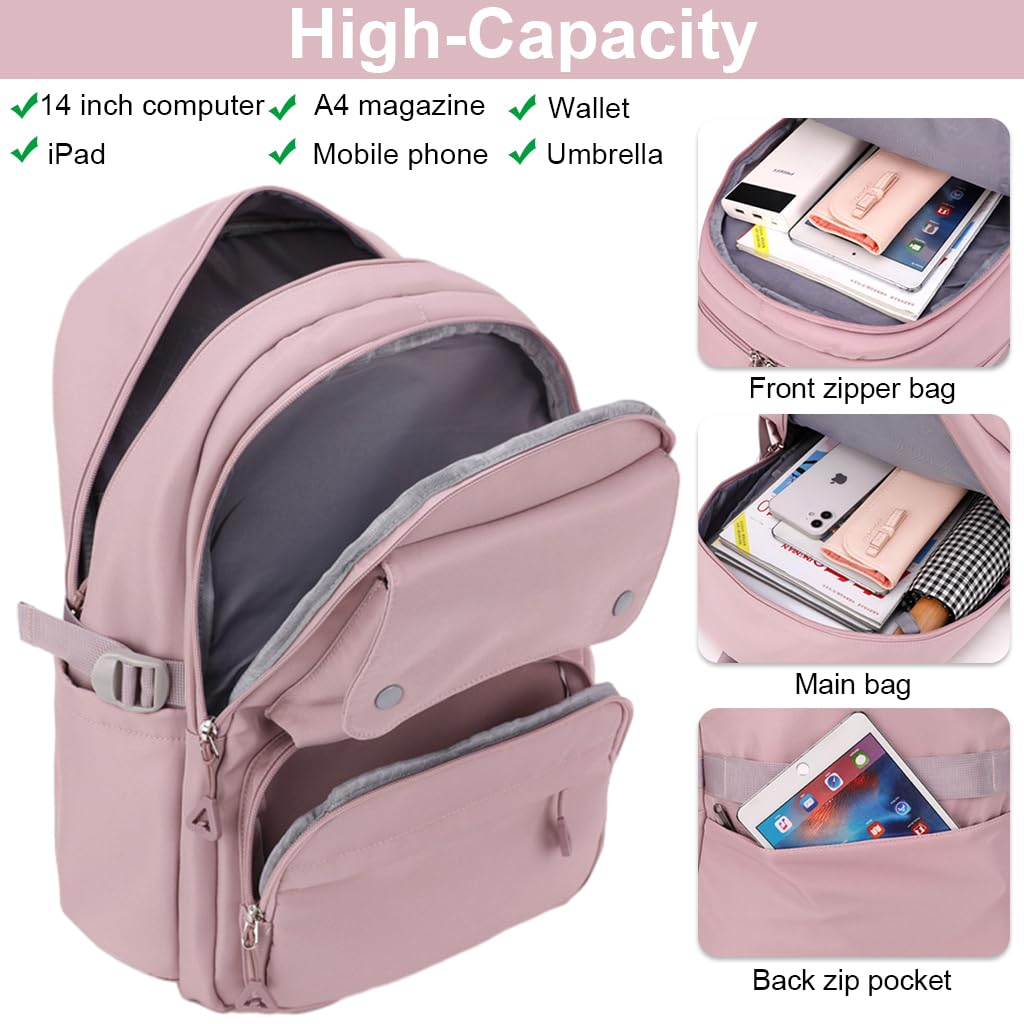 PALAY® Fashion Backpack Student Shoulder Backpack Fashion Pink Travel Backpack Laptop Backpack Multi-pouches 26L Large Capacity School Backpack