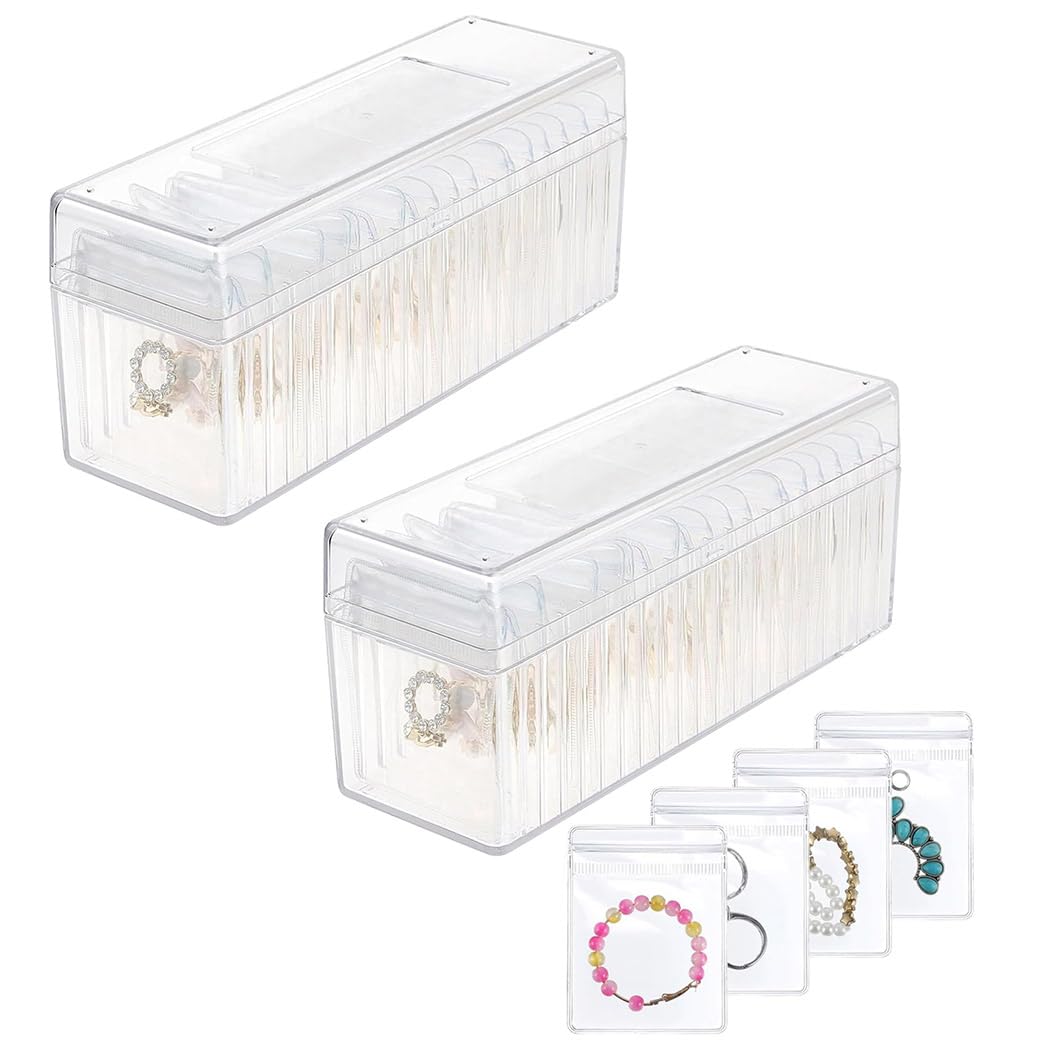 MAYCREATE Jewellery Organisers Box for Travel with 40 Anti Tarnish PVC Pouches | Acrylic Storage Case for Women