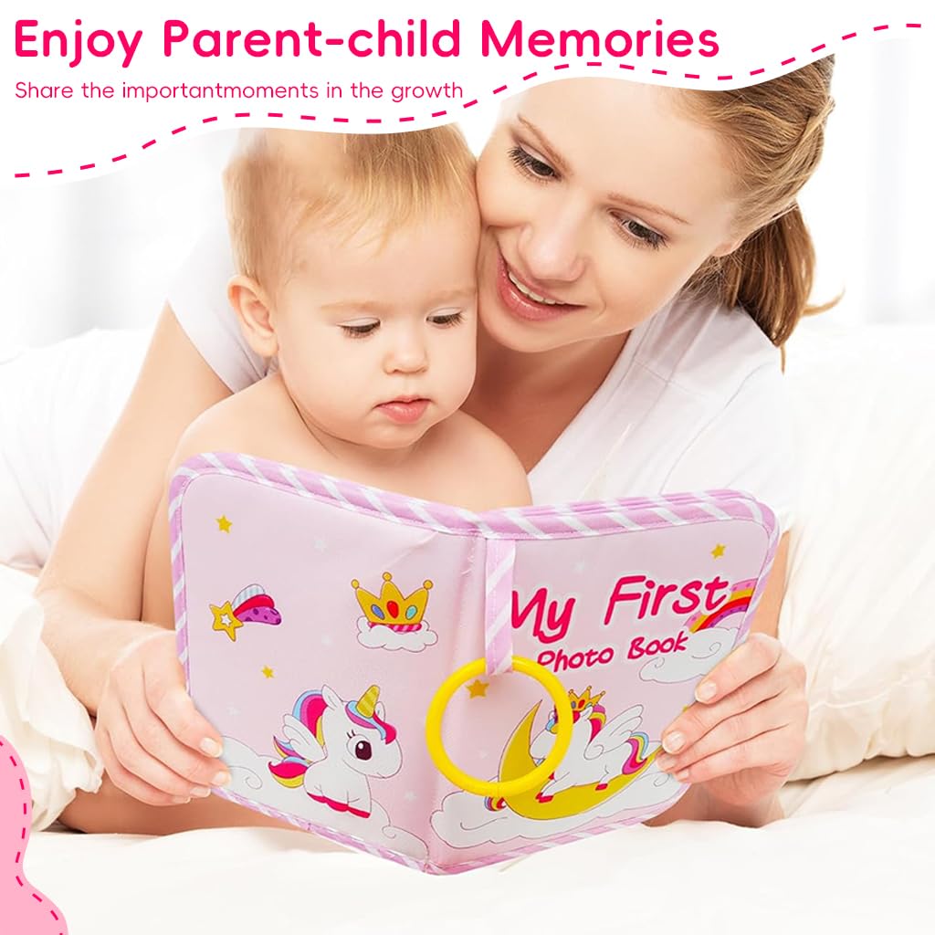 SNOWIE SOFT Baby Photo Album for 5/6 in Photos with 17 Pockets and Open Ring Design | Unicorn Memory Book for Sensory Learning