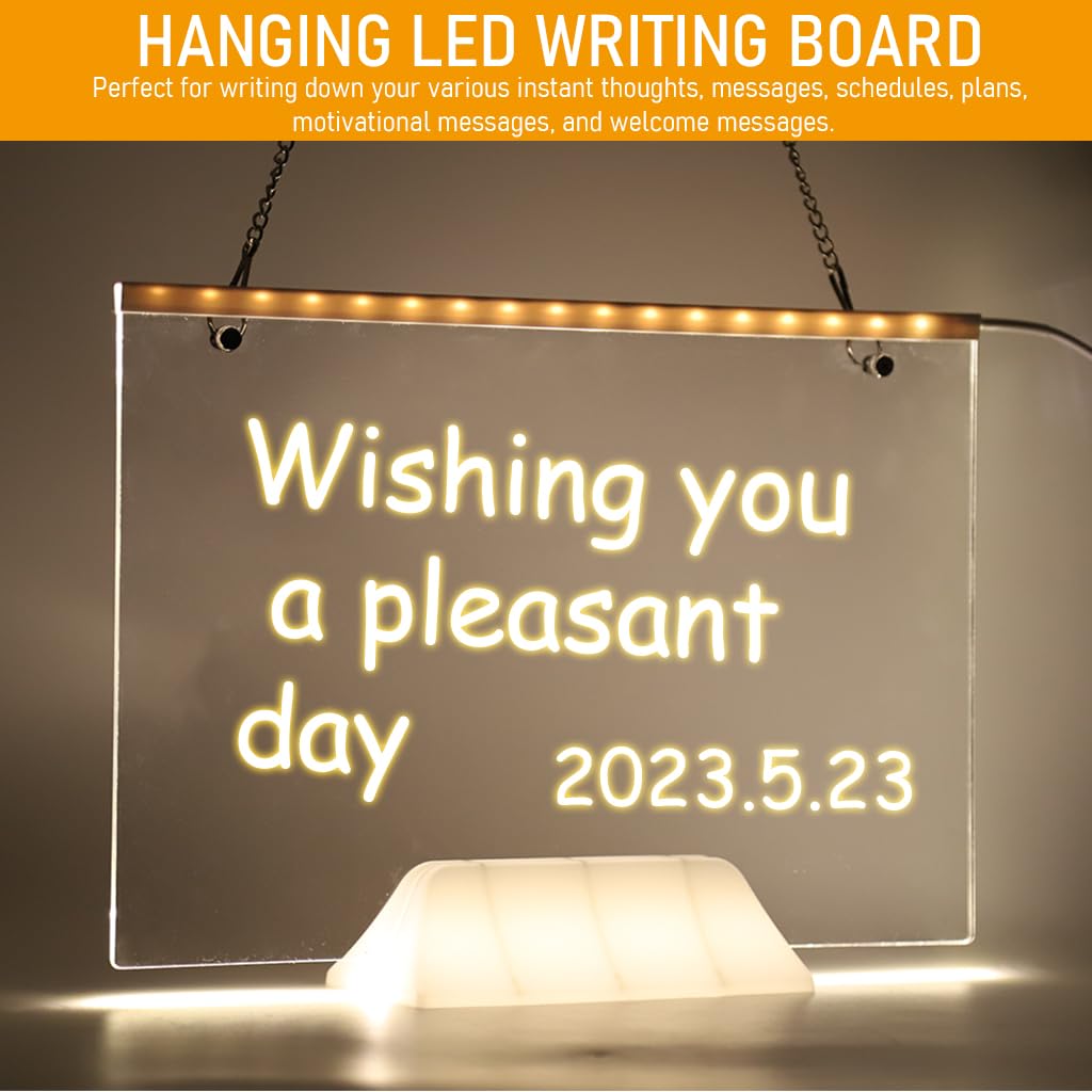 Climberty® Hanging 3D Acrylic Writing Board with 7 Color Pen, 11.8'' X 7.9'' Light up Dry Erase Board LED Message Board with Hanging Chain, Reusable Welcome Board Writing Board for Shop, Home, Office