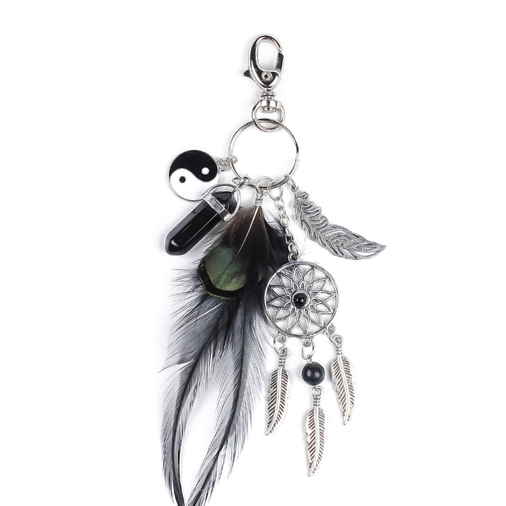 Supvox Generic Dreamcatcher With Black Agate & Feather Charm Keyring - Black And Silver