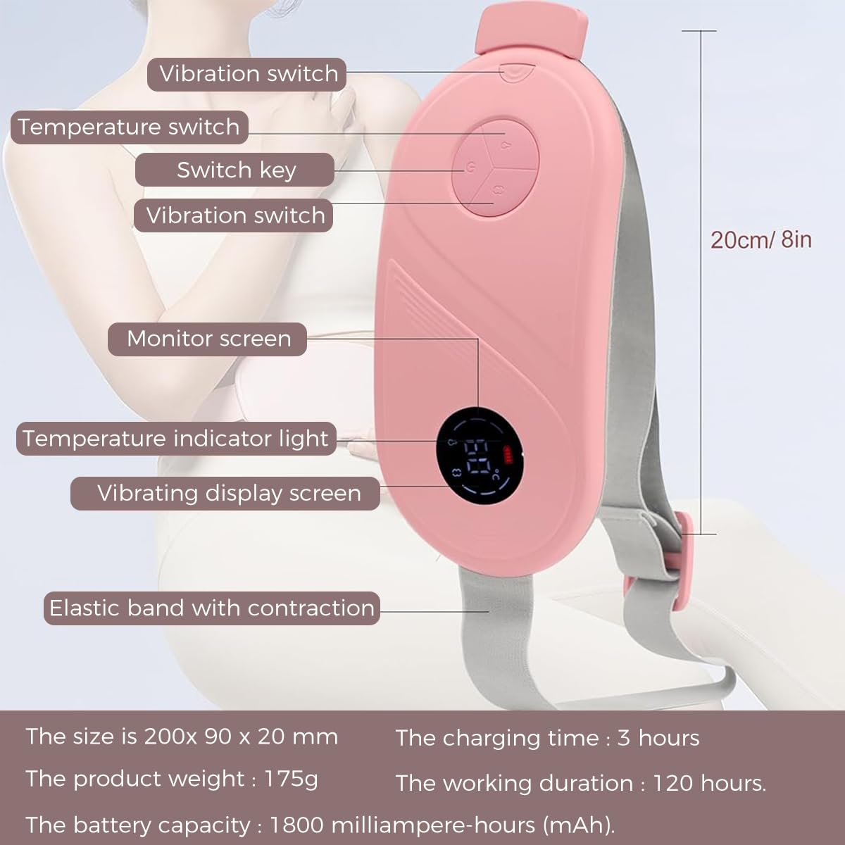 ZIBUYU Cordless Electric Heating Pad for Period Cramps with 3 Heat Levels and Auto Shut Off | Rechargeable Pink Belly Warmer for Women