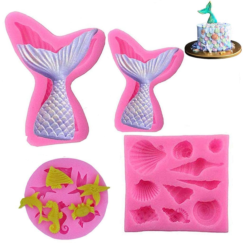 Supvox® 4 Pieces Mermaid Tail Mould, Silicone Mermaid Cake Moulds Chocolate Fondant Moulds 3D Mermaid Icing Moulds Seashell Cake Soap Moulds for Soap Making