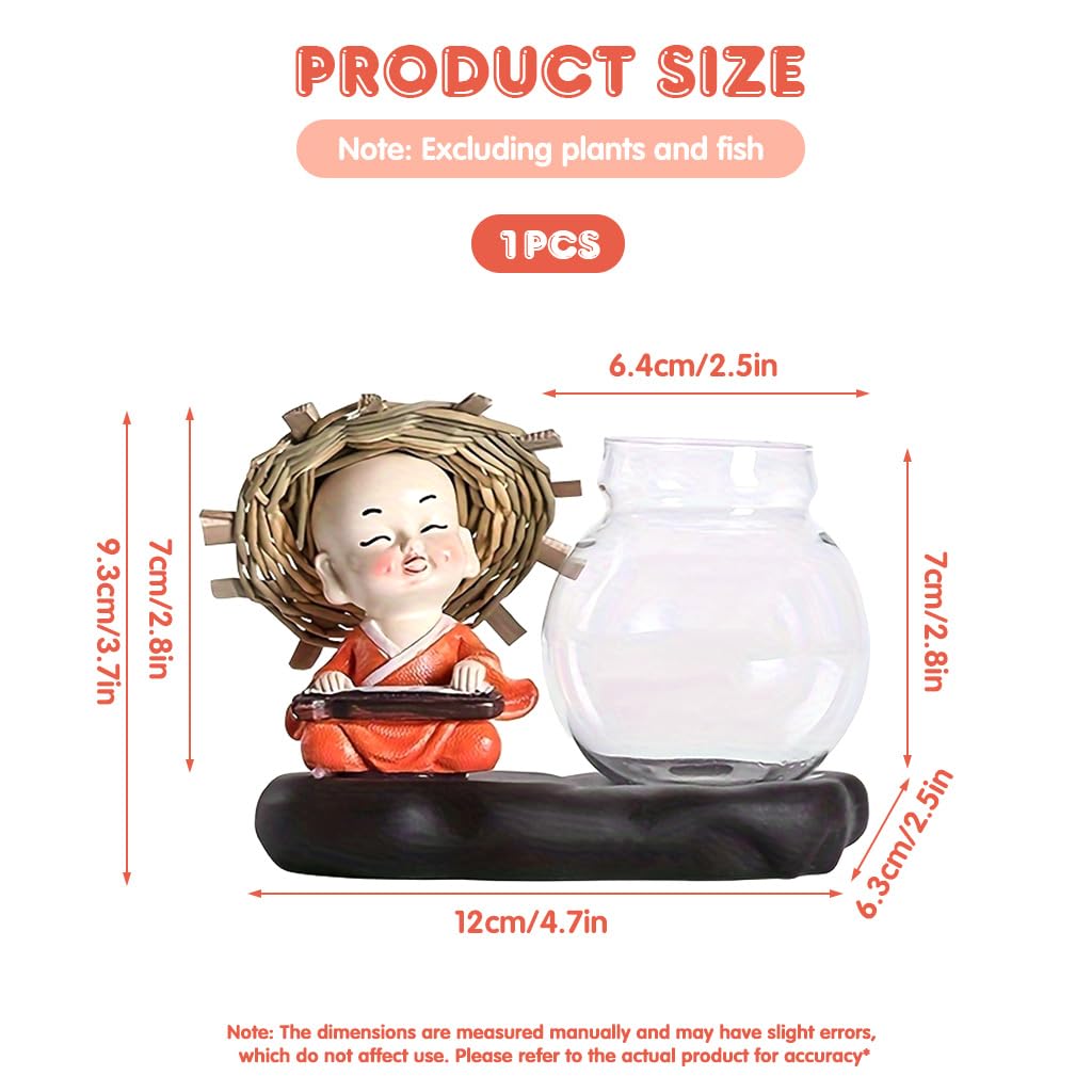 HASTHIP Zen Hydroponic Kit for Desk Decor with Glass Bottle and Smiling Little Monk Figurine