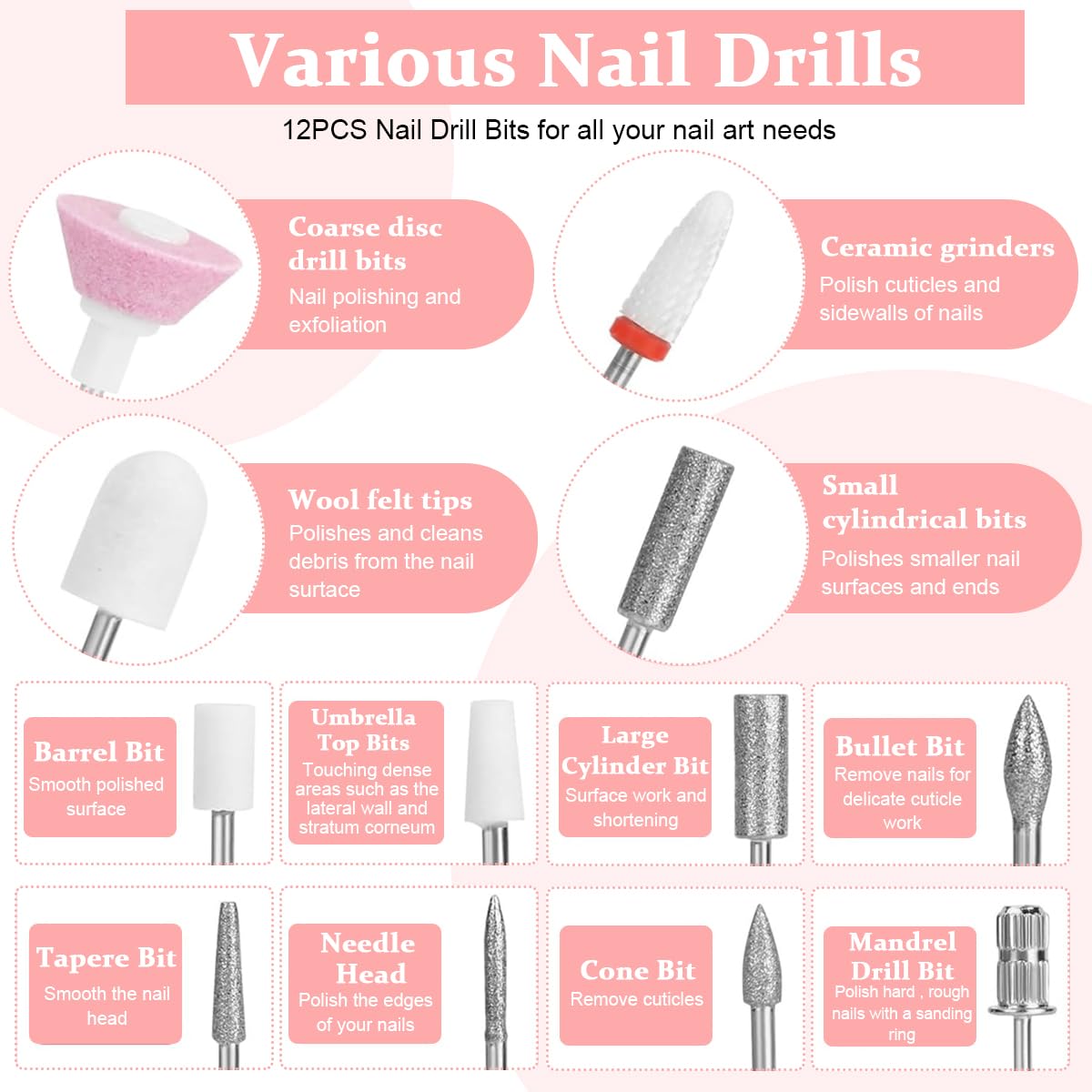 MAYCREATE Nail Drill Machine for Acrylic and Natural Nails with 12 Bits and 5 Speeds | USB Rechargeable Base