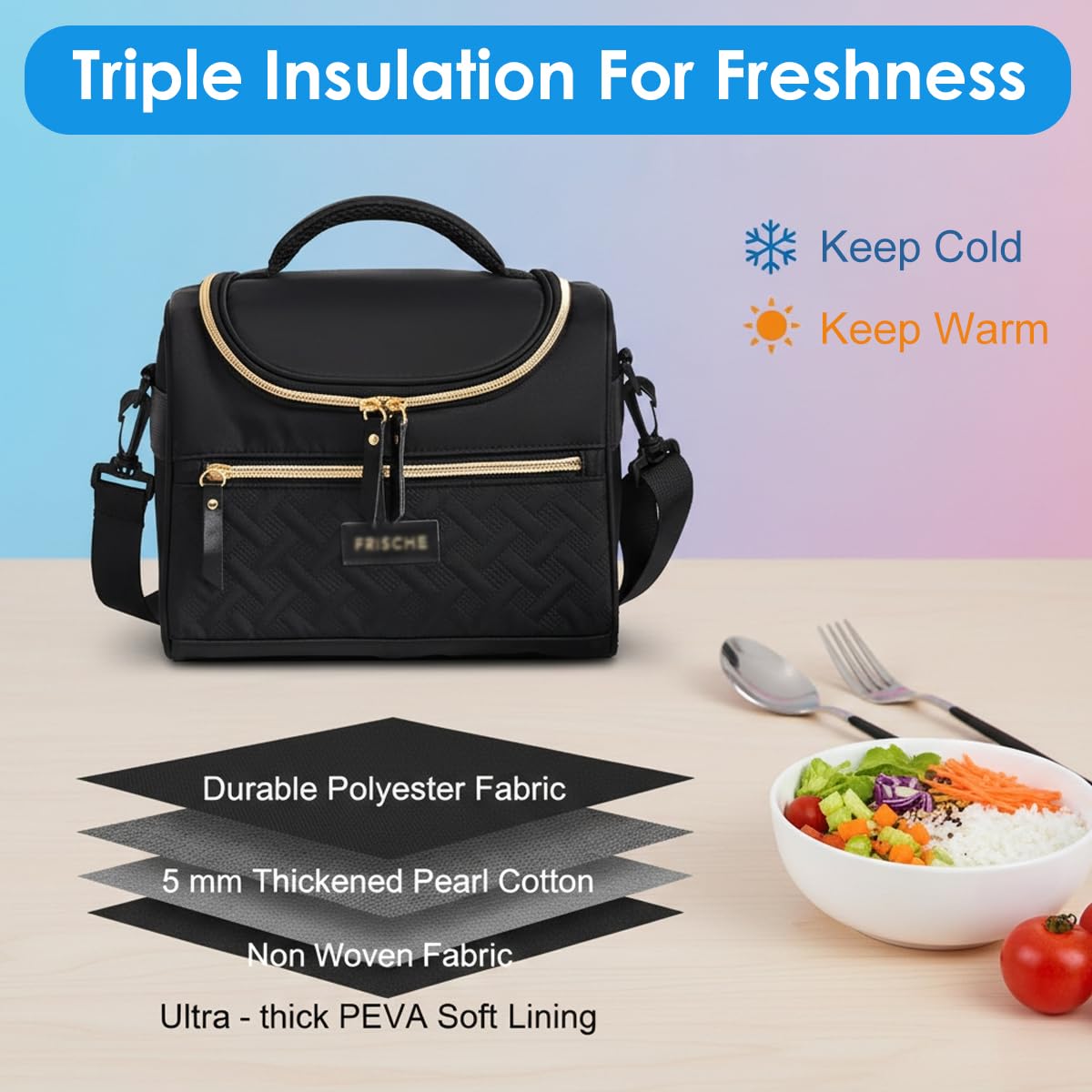 HASTHIP Lunch Bag for Office School and Picnic with Waterproof Insulated Design | Quilted Black Tote Featuring Handle and Shoulder Strap