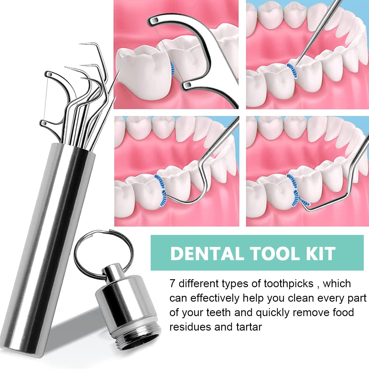 MAYCREATE Dental Tools, 7 in 1 Stainless Steel Teeth Cleaning Tool Kit, Stainless Steel Toothpicks Teeth Cleaning Picks Flosser for Teeth Braces Cleaning Tools Reuseable Toothpicks Oral Care