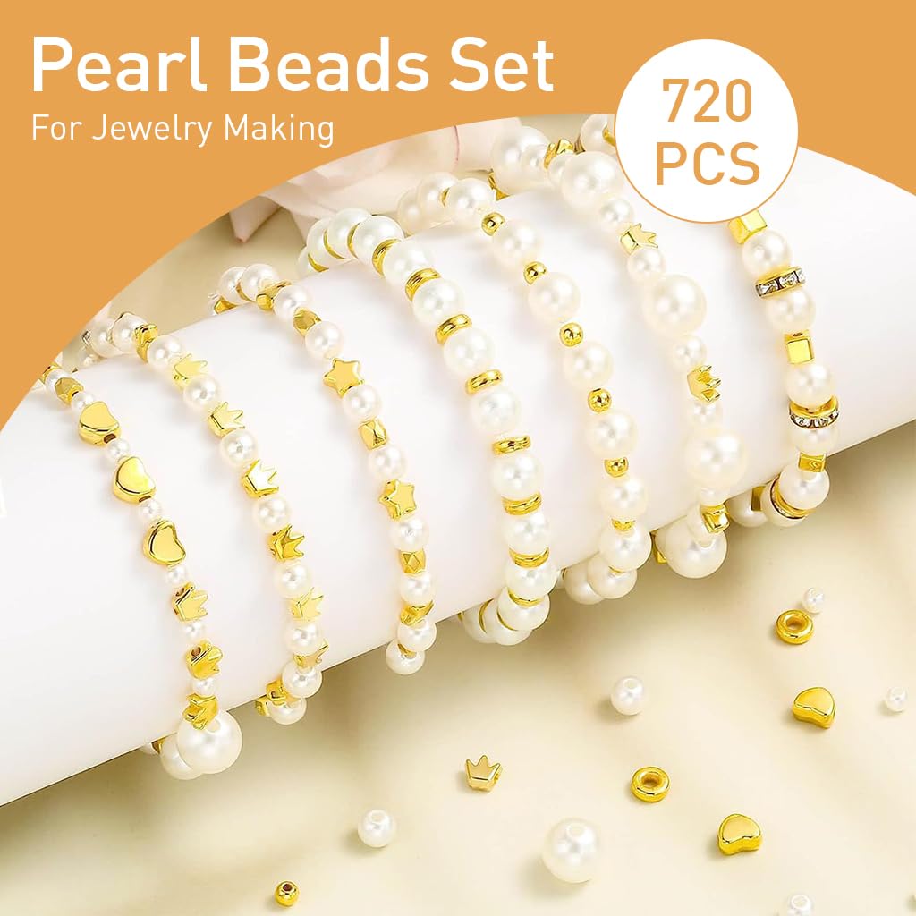 SANNIDHI® 2 Boxes 720pcs Pearls Beads for Jewellery Making Kit, Pearl Beads for Bracelet Making, Assorted Sizes Pearl Round Set Spacer Charms Golden with Tools DIY Crafts Earrings Necklace