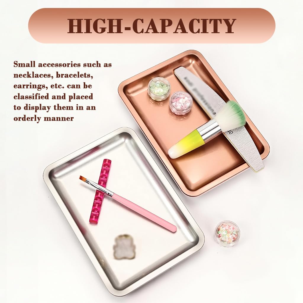 HASTHIP Stainless Steel Jewelry Organizer Trays for Dressers with Dual Colors 12.5x17.9cm | Silver and Rose Gold Rectangular Storage for Vanity or Kitchen