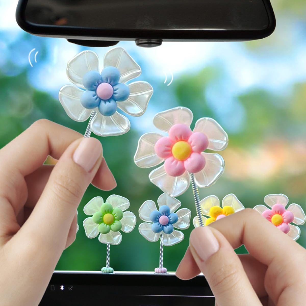 STHIRA Car Decors for Dashboard with Swinging 2.36 in Mini Flowers Set of 5 | Cotton Adhesive Charm