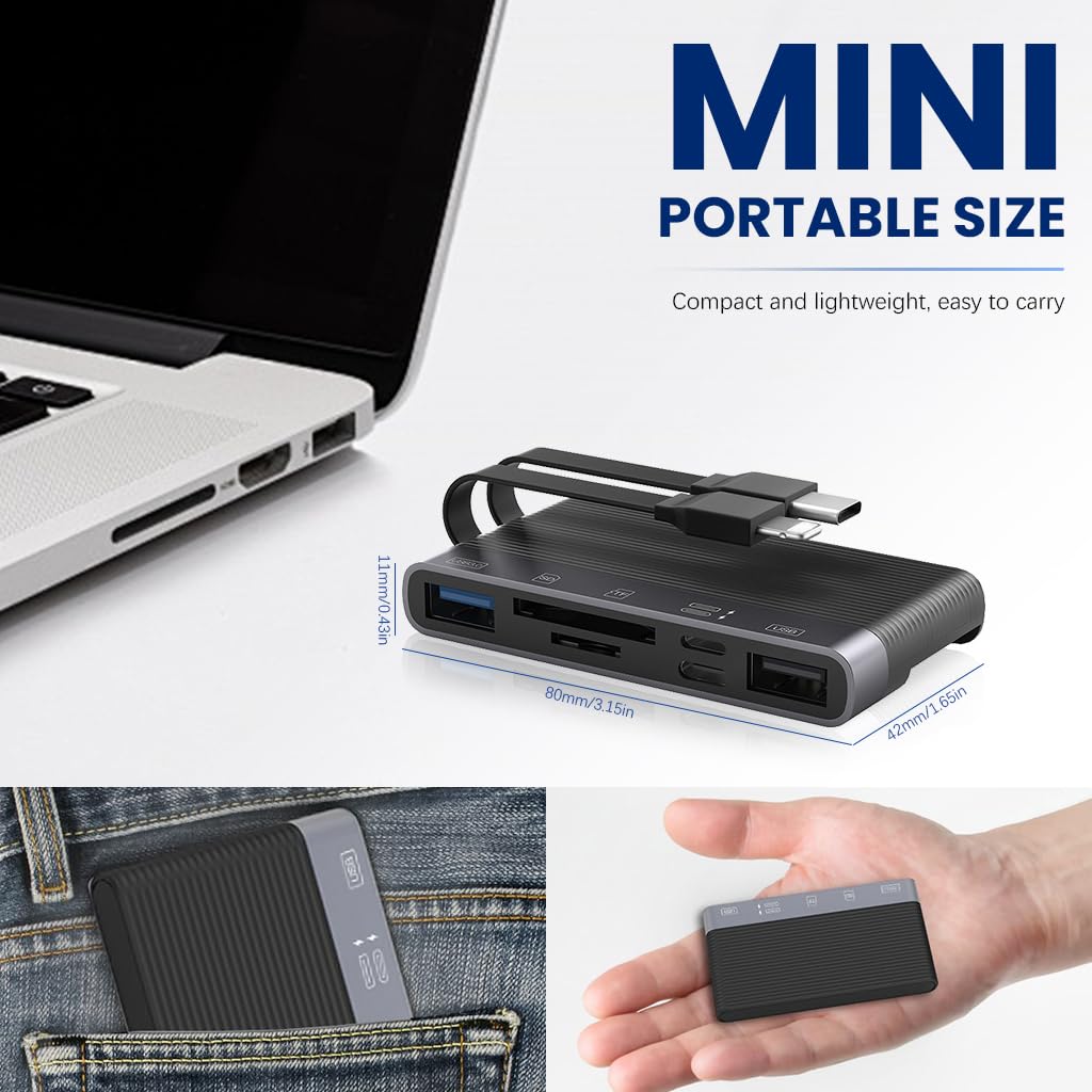 Verilux USB Hub Card Reader for iPhone and Laptop with 6 in 1 Ports featuring Dual PD Charging | Compact Portable Design