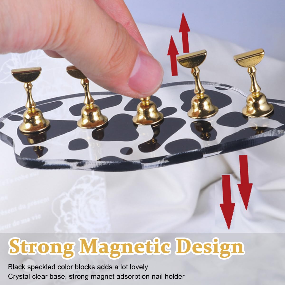 MAYCREATE Acrylic Nail Display Stand for Practice with Magnetic Holders and Cow Pattern Base | Ideal for DIY and Salon Use