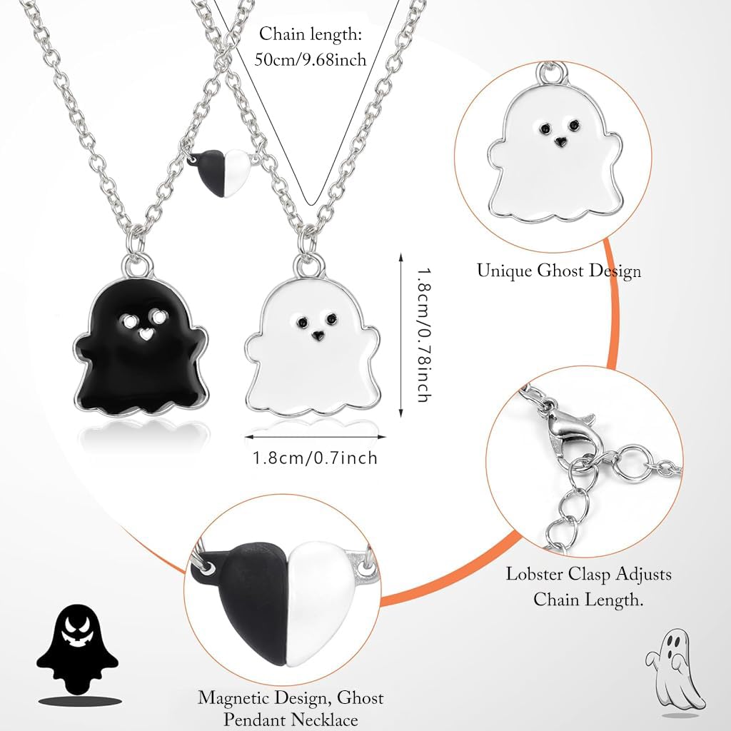 Zibuyu Friendship Necklace for Best Friends with Magnetic Heart Charm and 60cm Chains | Black and White Ghost Design