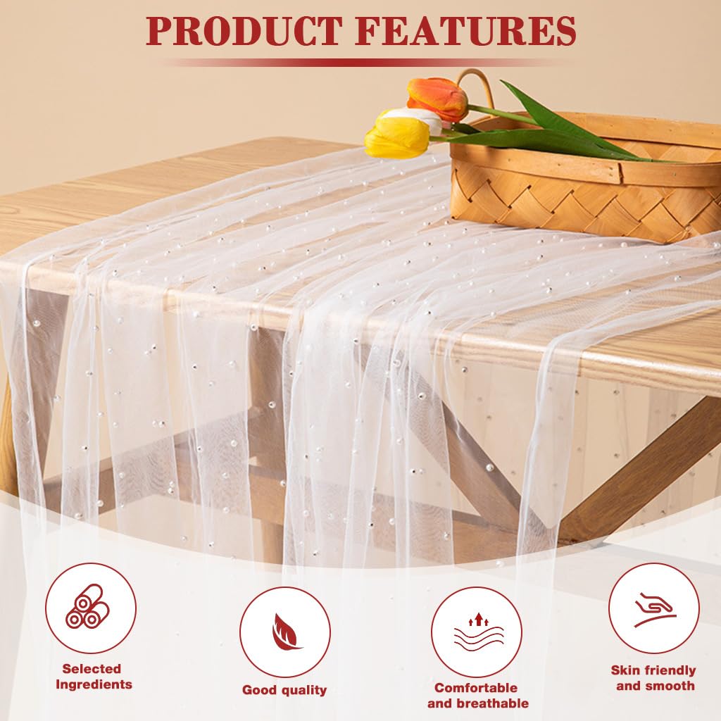 HASTHIP Table Runner for Weddings and Parties with Pearl Embellished Lace 80x300cm | Elegant Sheer Dining Decor
