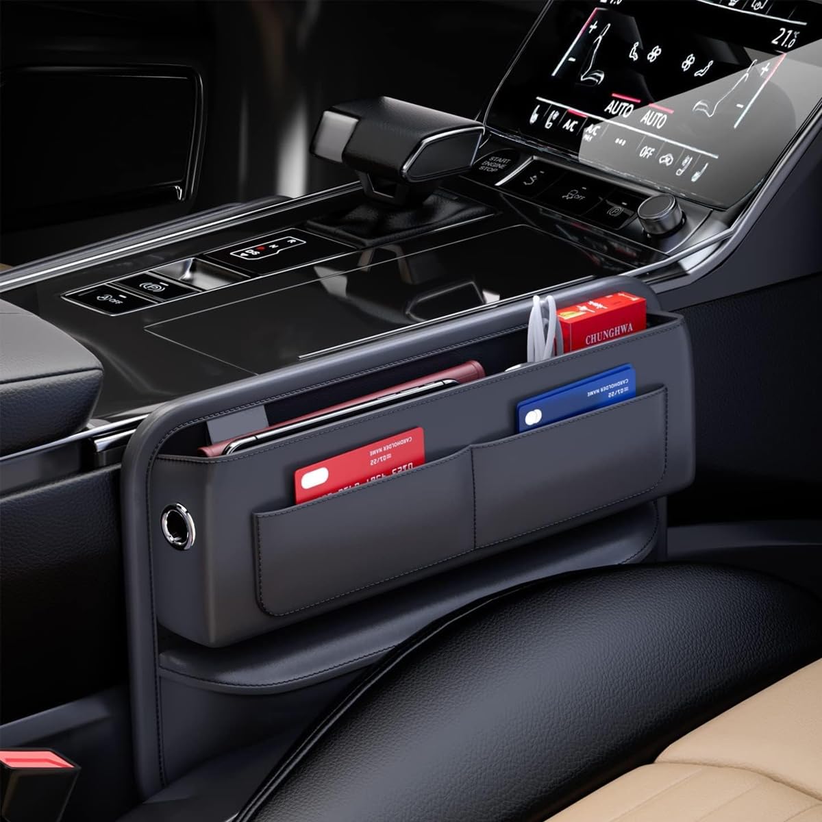 STHIRA Car Seat Pocket Organizer for Console with Two Card Slots and PU Leather Finish | Compact Storage for Phones and Keys