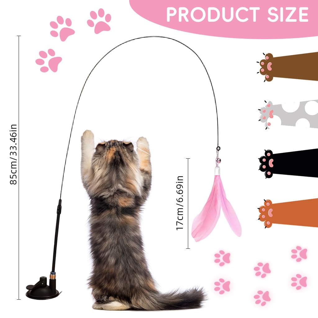 Qpets Cat Toys for Indoor Play with Suction Cup Base and Fiberglass Teaser Wand | Pink Feather Attachment
