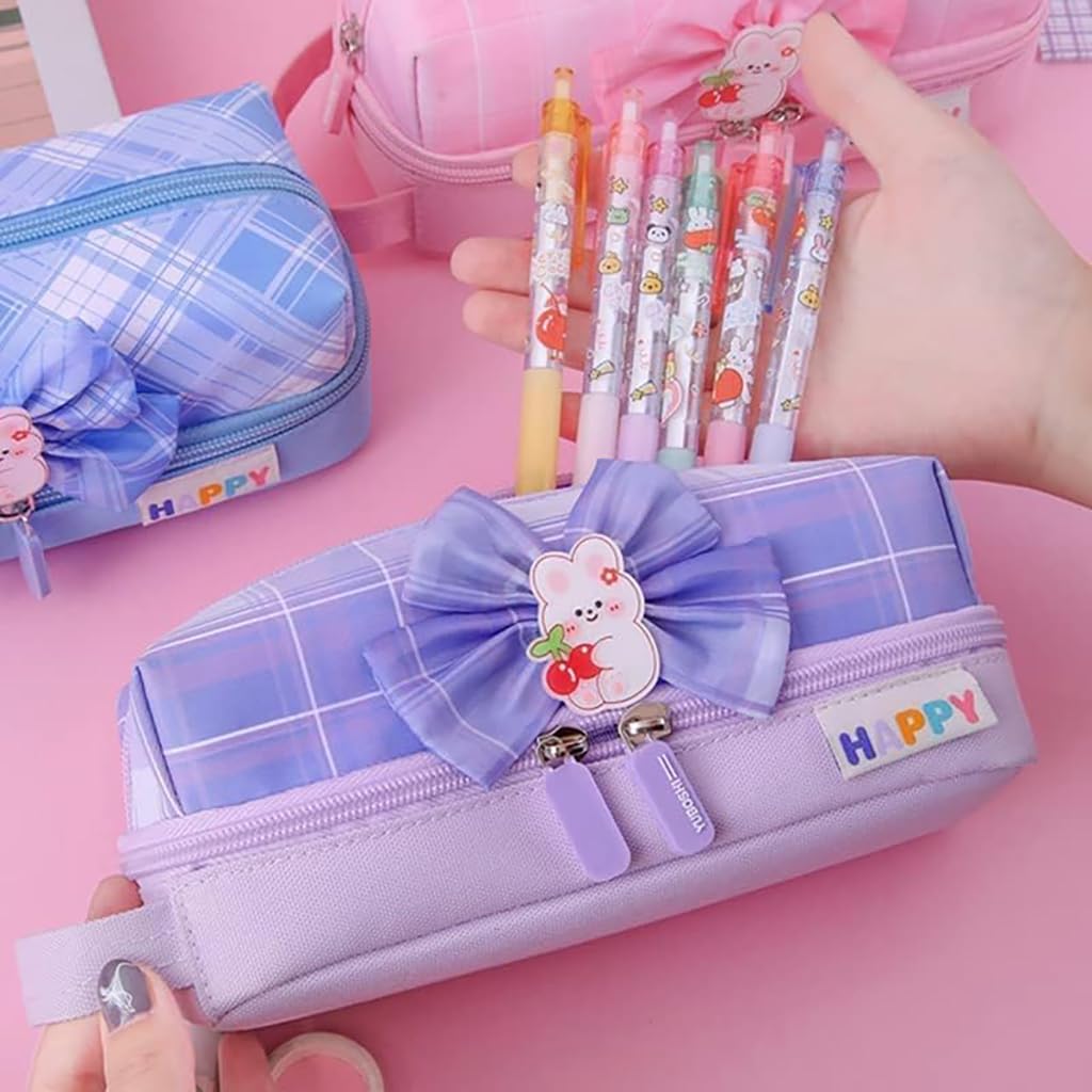 Zibuyu Pencil Case for Stationery and Cosmetics featuring Double Zipper & Gusset Design | 8.3 x 3.5 x 3.1 in Canvas Organizer for Girls