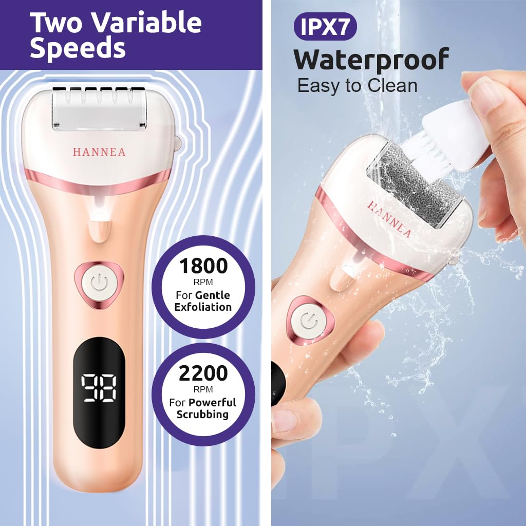 HANNEA Callus Remover for Feet with LED Light and 3 Grinding Scrubbers | Rechargeable 2PCS Pedicure Kit