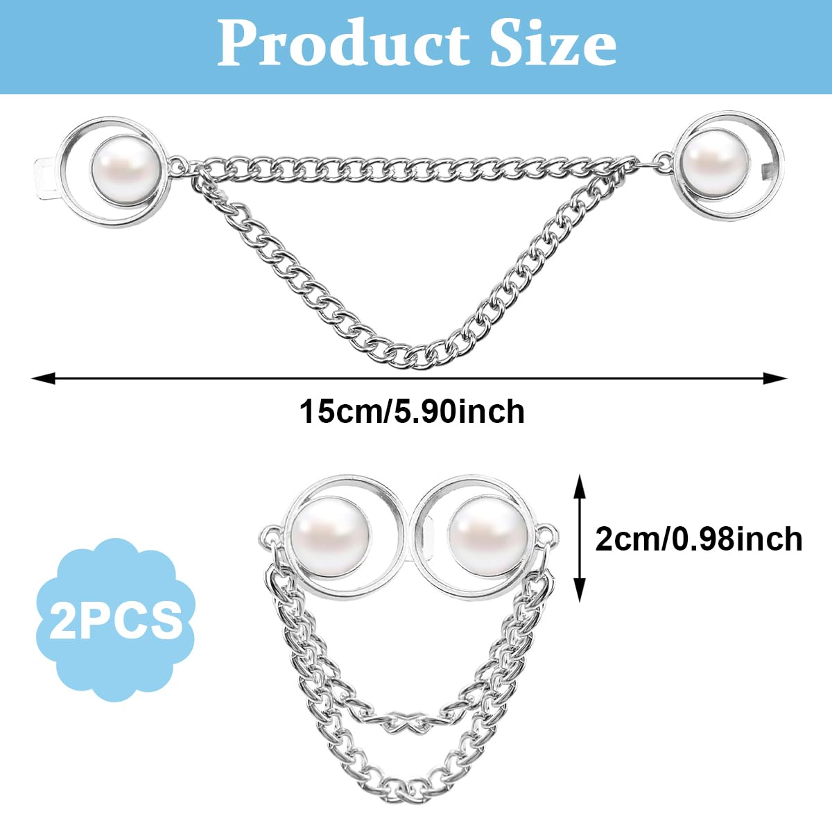 Venzina Adjustable Waist Buckle for Pants with Big Pearl Chain | 2 Pairs Detachable Pin Buttons