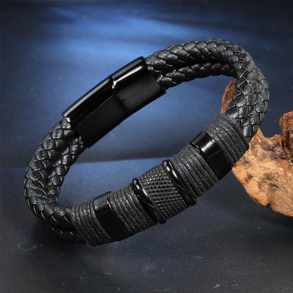 Zibuyu Bracelet for Men with Double Layer Leather and Sleek Metal Details | Gift for Husband
