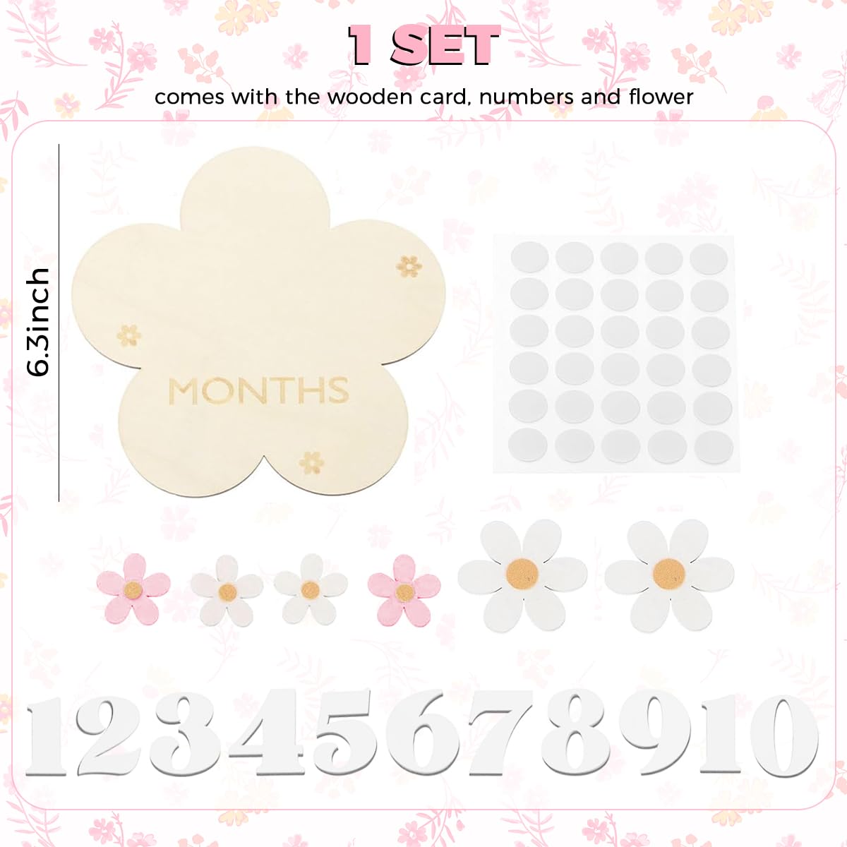 SNOWIE SOFT Floral Wooden Monthly Milestone Board for Newborn Photos with 0–9 Plates | White Nursery Prop