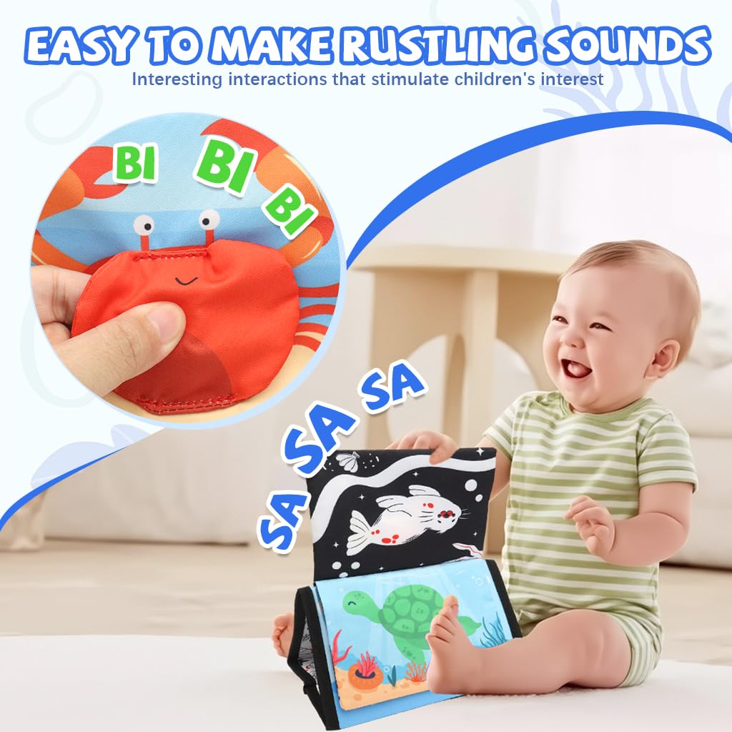 SNOWIE SOFT Cloth Books for Babies with 3D Ocean Animal Pages and Crinkle Mirror Toy | 2PCS