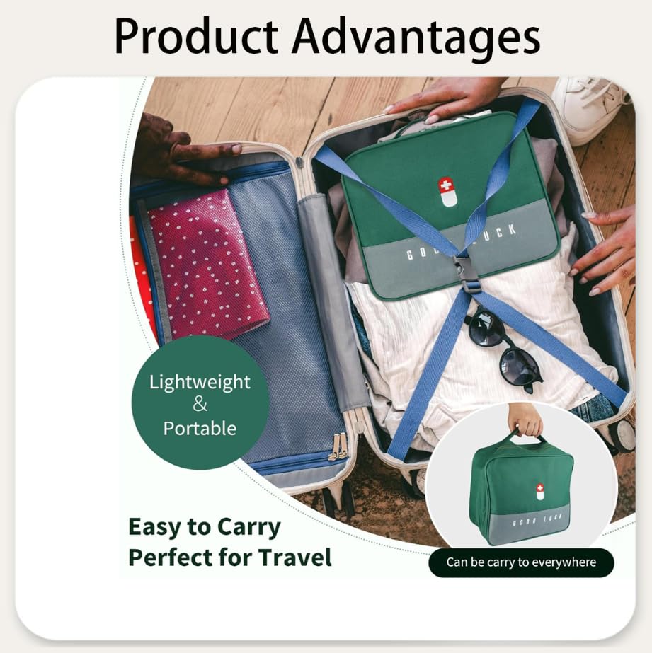 Zibuyu Medicine Organizer for Travel and Home with Dual Bag Set and Pill Compartments | Green