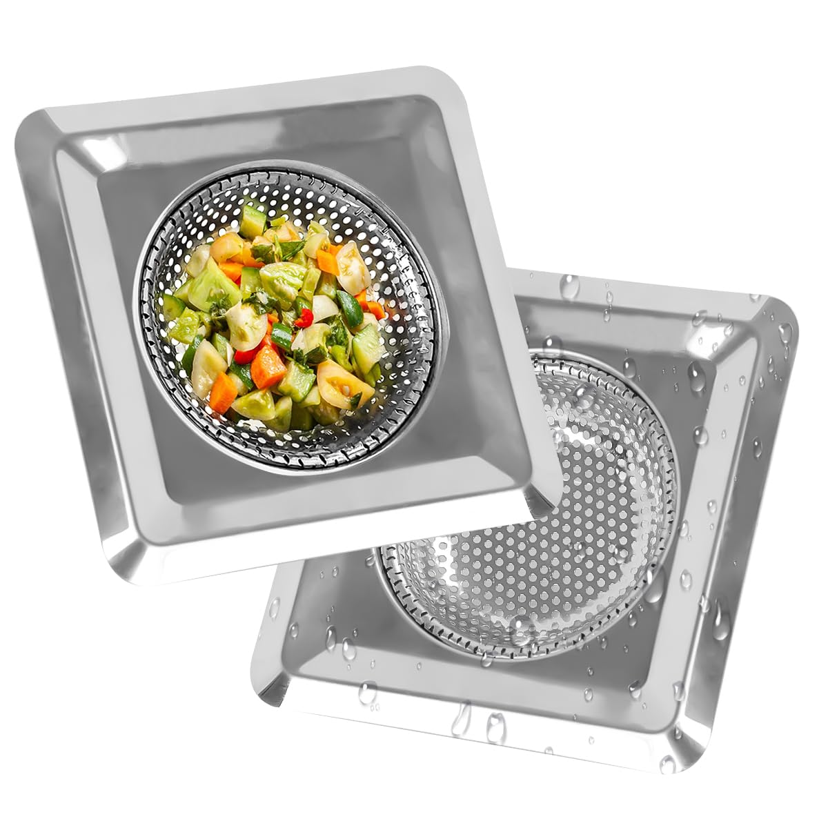 HASTHIP® 2Pcs Square Stainless Steel Kitchen Strainer, Drain Filter, Wide Rim Anti Clogging Mesh Drain Filter Vegetable Hair Catcher Drain Cover, 4.3 inches Diameter (Silver)