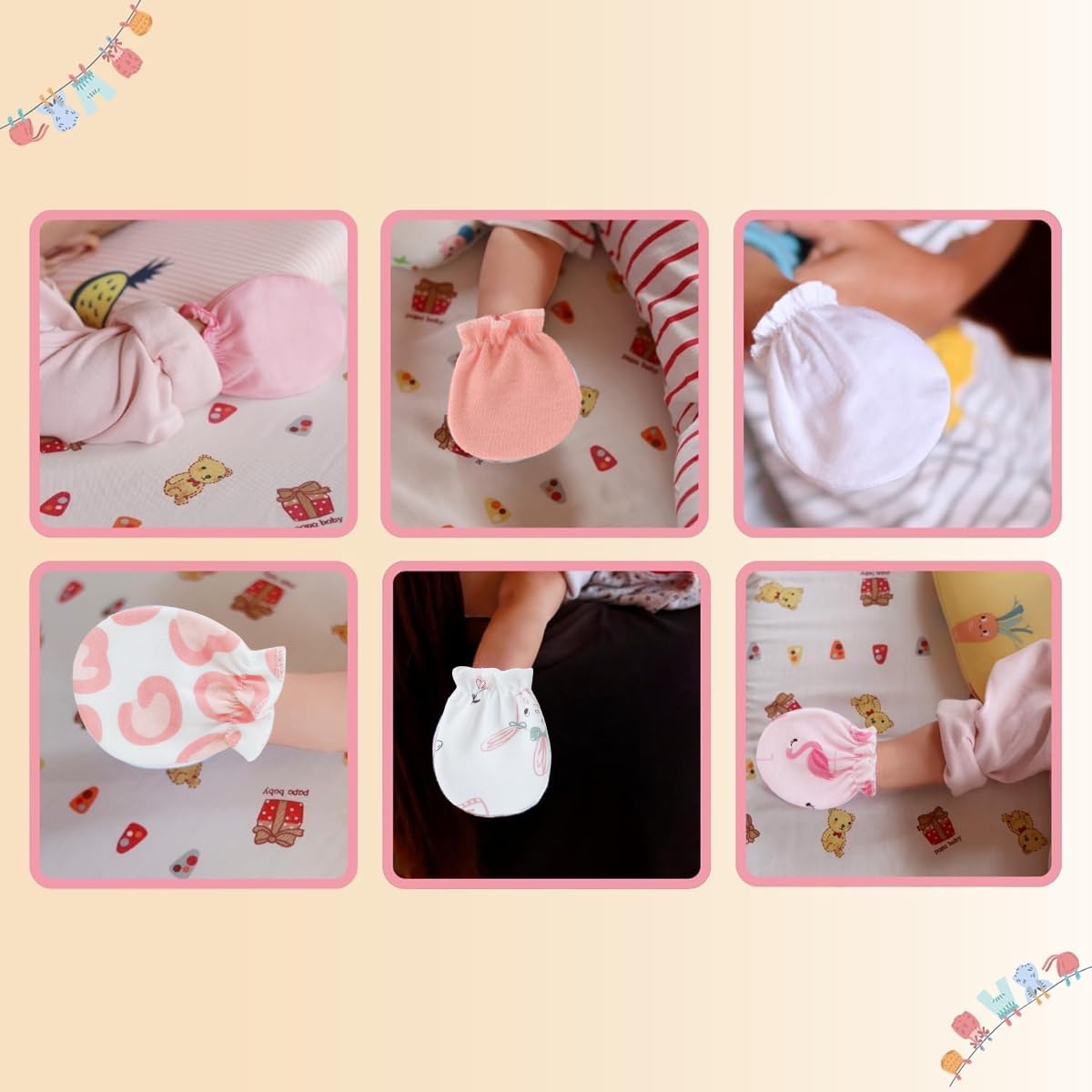 SNOWIE SOFT Baby Scratch Mittens for Preventing Face Scratches with Elastic Cuffs | 6 Pairs Breathable Cotton Gloves