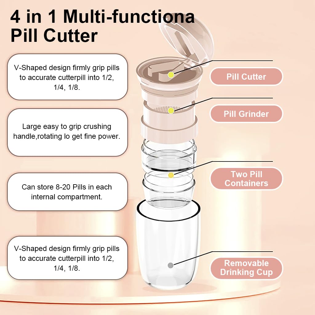 HANNEA® Pill Box with Tablet Cutter and Grinder Travel Pill Cutter with Drinking Cup 4 in 1 Tablet Cutter with Two Built-in Pill Box for Large Pills, Vitamins, Cod Liver Oil, Supplements, Medication